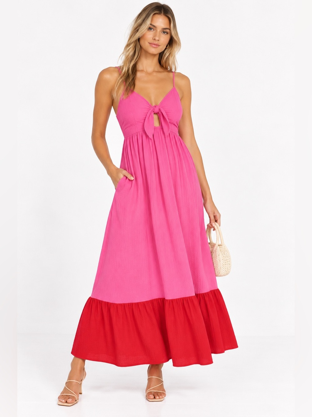 Tie-Front Pink Maxi Dress with Red Hem